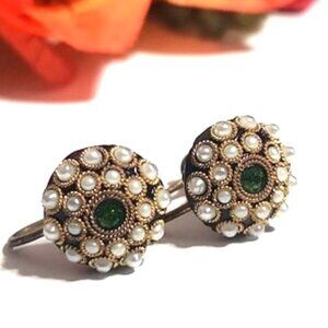 Vintage Twist Back Cluster Earrings - Sm Seed Pearl/Beads / Green Center Stone